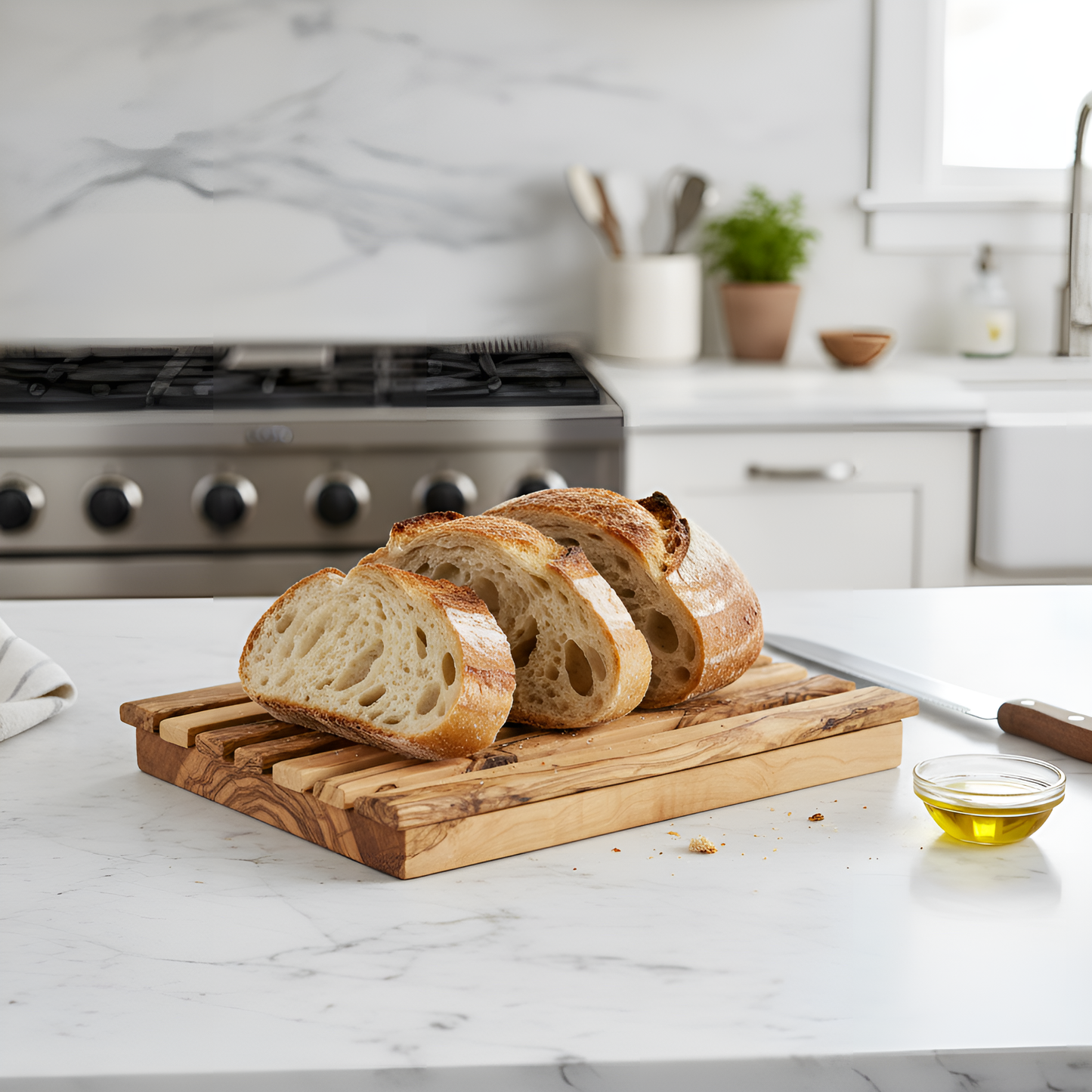 Planche à pain pour trancher du pain - Planche à découper avec ramasse-miettes en bois d'olivier, légère, facile à nettoyer, pratique - Grande planche à pain 32 x 20 x 4 cm