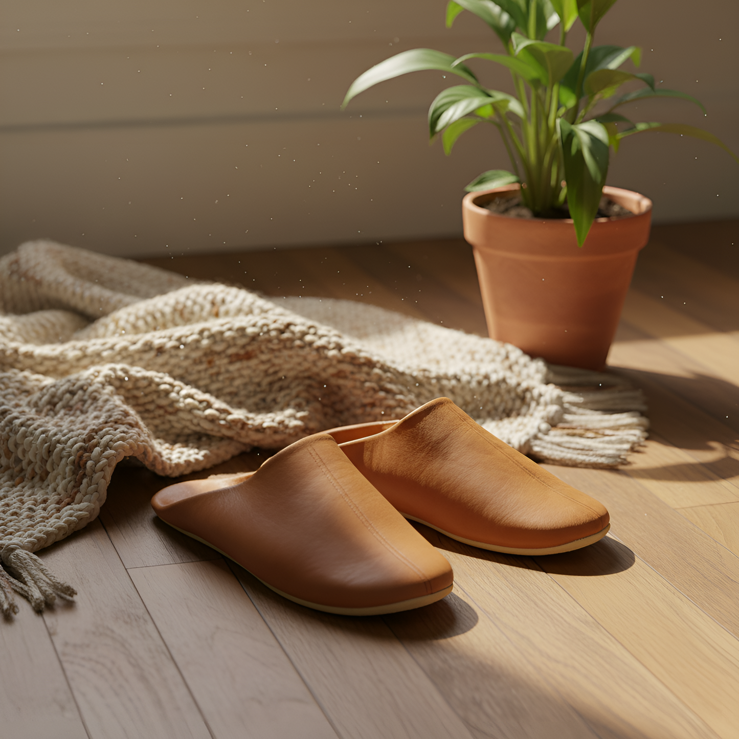 Comfortable traditional slipper in soft leather for men - Color Light Brown