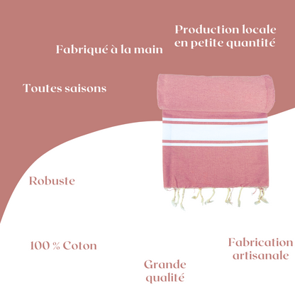 Fouta fait main - 200 x 100 cm - Coloris Rose saumon avec rayure blanche