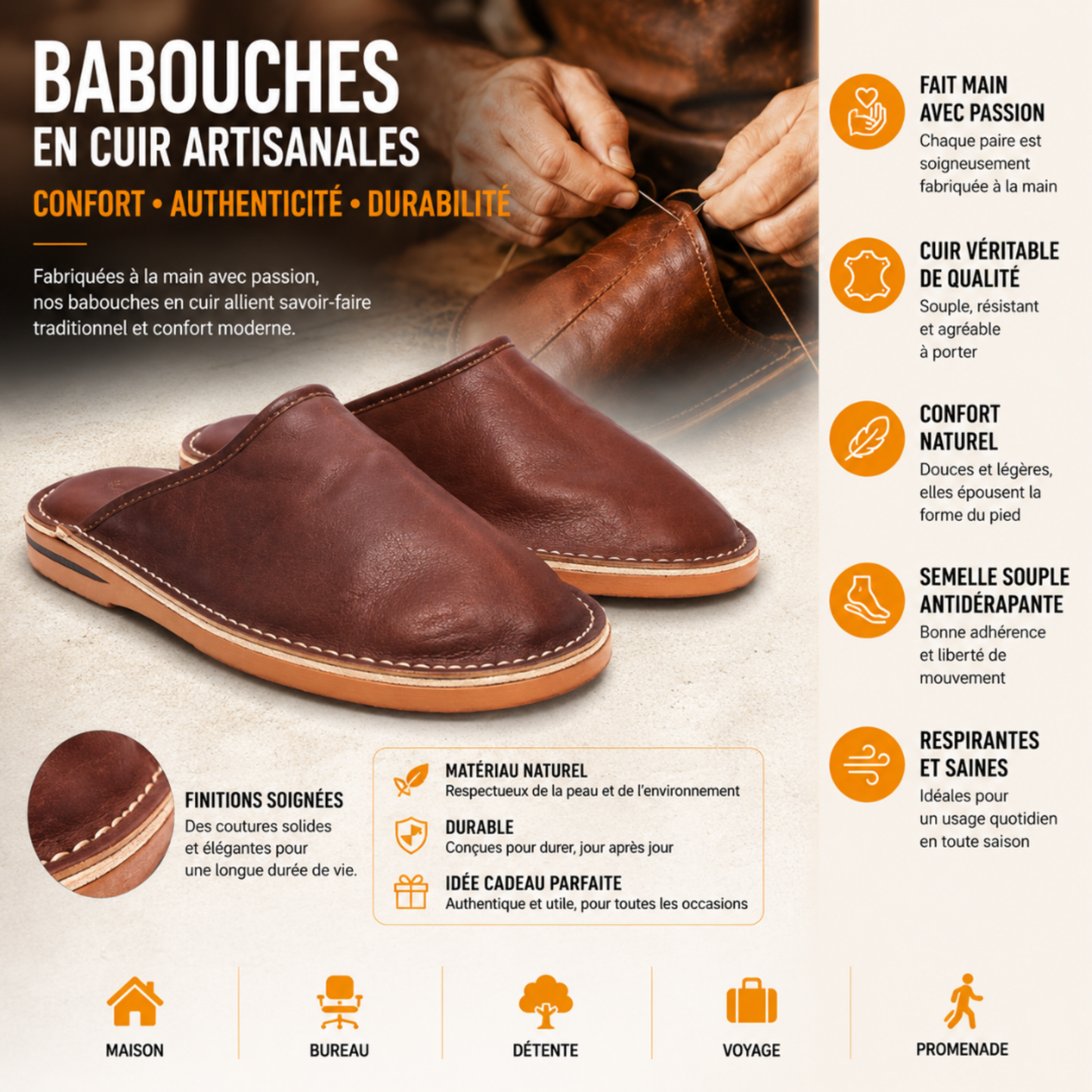 Babouche Cuir Naturel