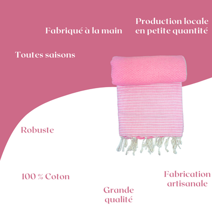 Handmade Fouta - 200 x 100 cm - Color Pink with white stripes