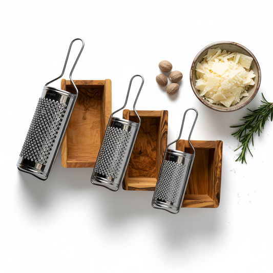 Râpe à fromage manuelle en bois d'olivier avec boîte de récupération - Fait à la main - 11, 15 ou 18 cm