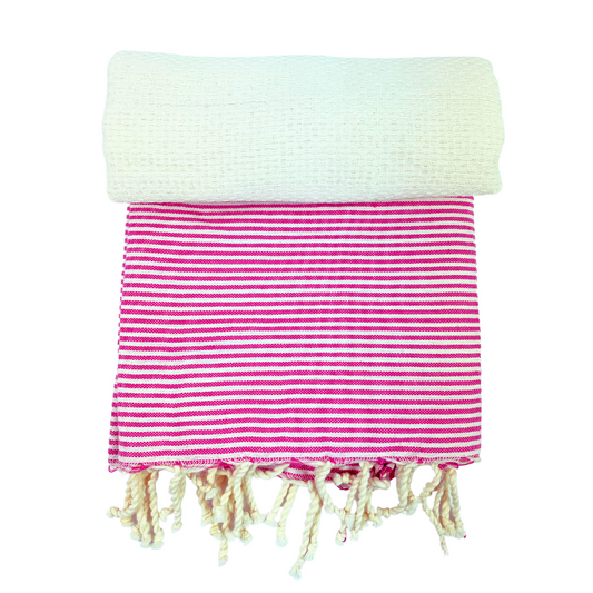Handmade Fouta - 200 x 100 cm - Color Beige with pink stripe