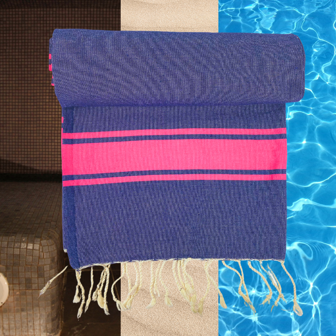 Handmade fouta - 200 x 100 cm - Color Navy blue with pink stripe