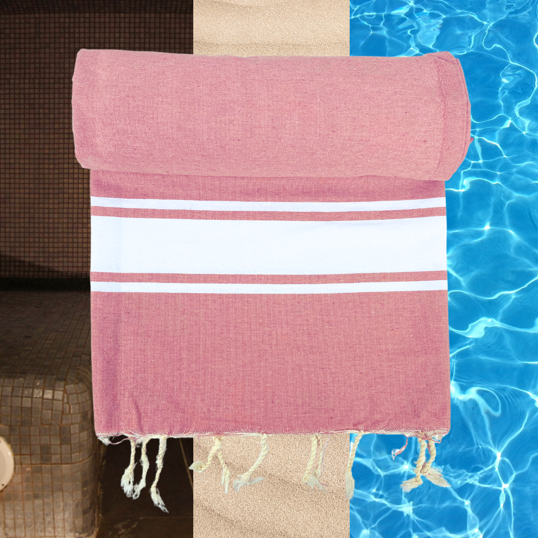 Fouta fait main - 200 x 100 cm - Coloris Rose saumon avec rayure blanche