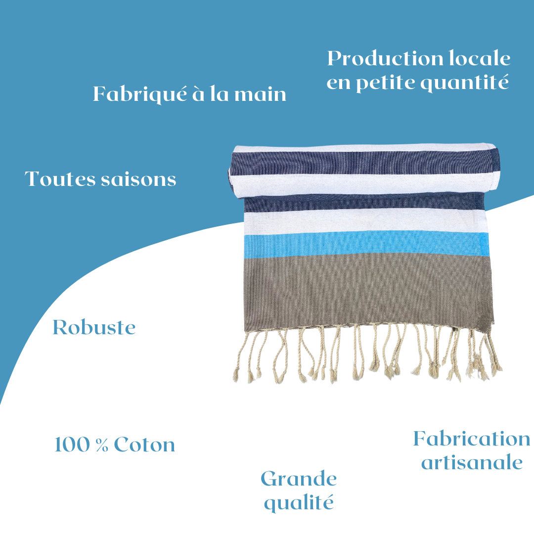 Handmade fouta - 200 x 100 cm - Fouta with navy blue and white stripes + turquoise blue and brown border