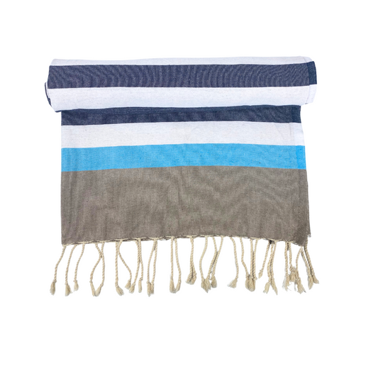 Handmade fouta - 200 x 100 cm - Fouta with navy blue and white stripes + turquoise blue and brown border