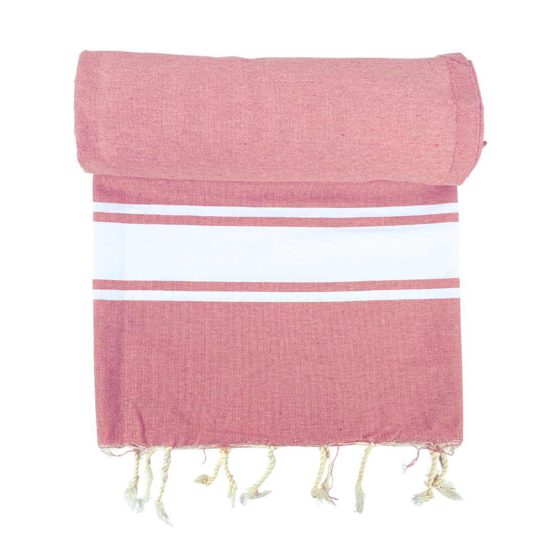 Fouta fait main - 200 x 100 cm - Coloris Rose saumon avec rayure blanche