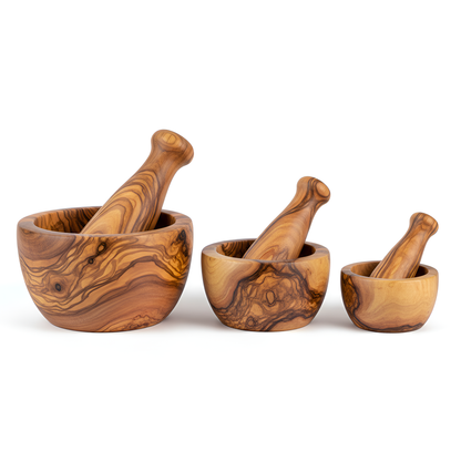 Mortiers et pilons en bois d'olivier - Fait à la main - 10 cm, 12 cm, 14 cm ou 16 cm