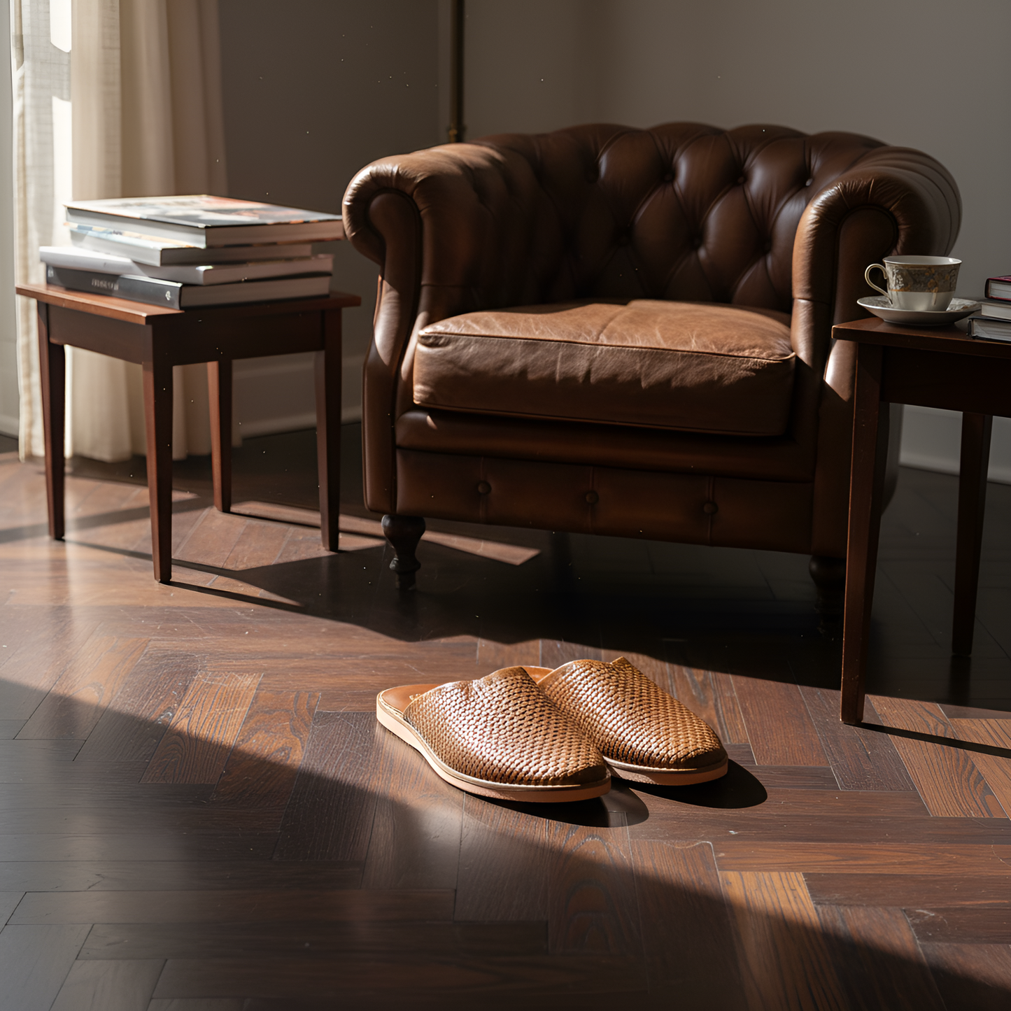 Babouche quadrillé en cuir confortable et résistante pour homme – Coloris Marron