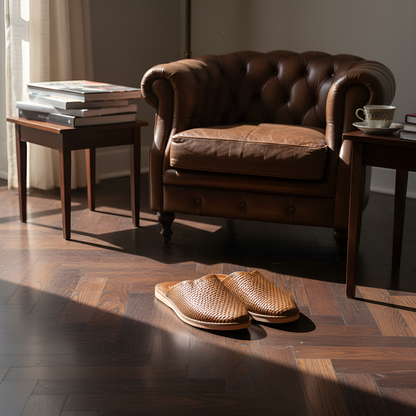 Babouche quadrillé en cuir confortable et résistante pour homme – Coloris Marron
