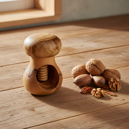 Nutcracker in the shape of a mushroom in olive wood - Screw mechanism - Kitchen utensil - 10 x 6 cm