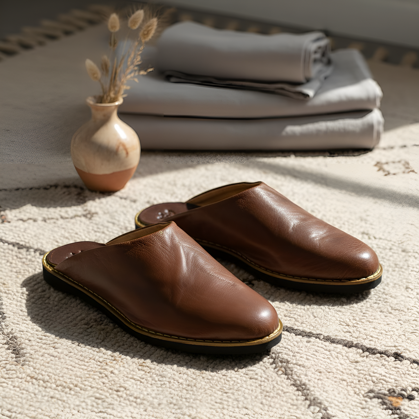 Babouche traditionnelle en cuir confortable et résistante pour femme – Coloris Marron Foncé