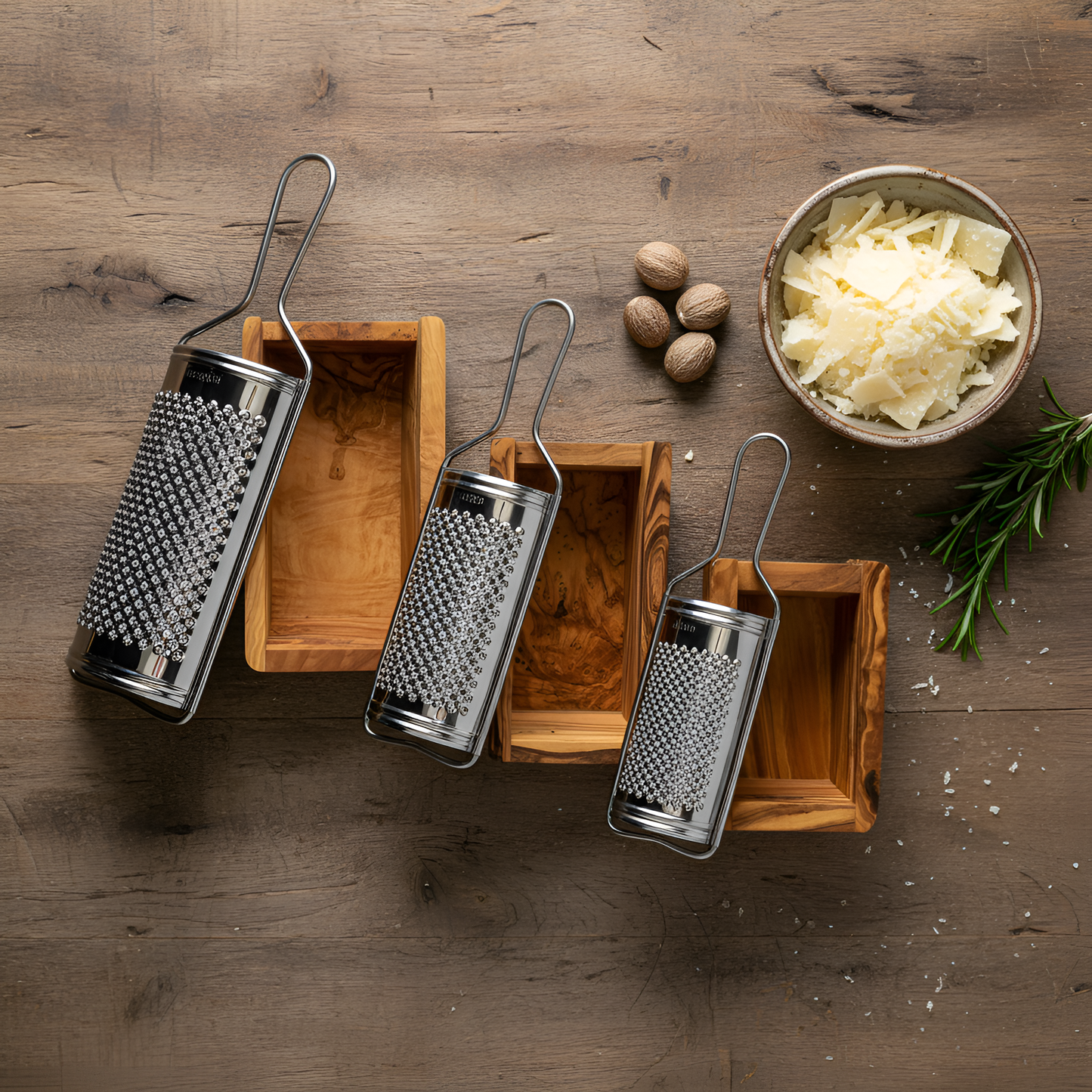 Râpe à fromage manuelle en bois d'olivier avec boîte de récupération - Fait à la main - 11, 15 ou 18 cm