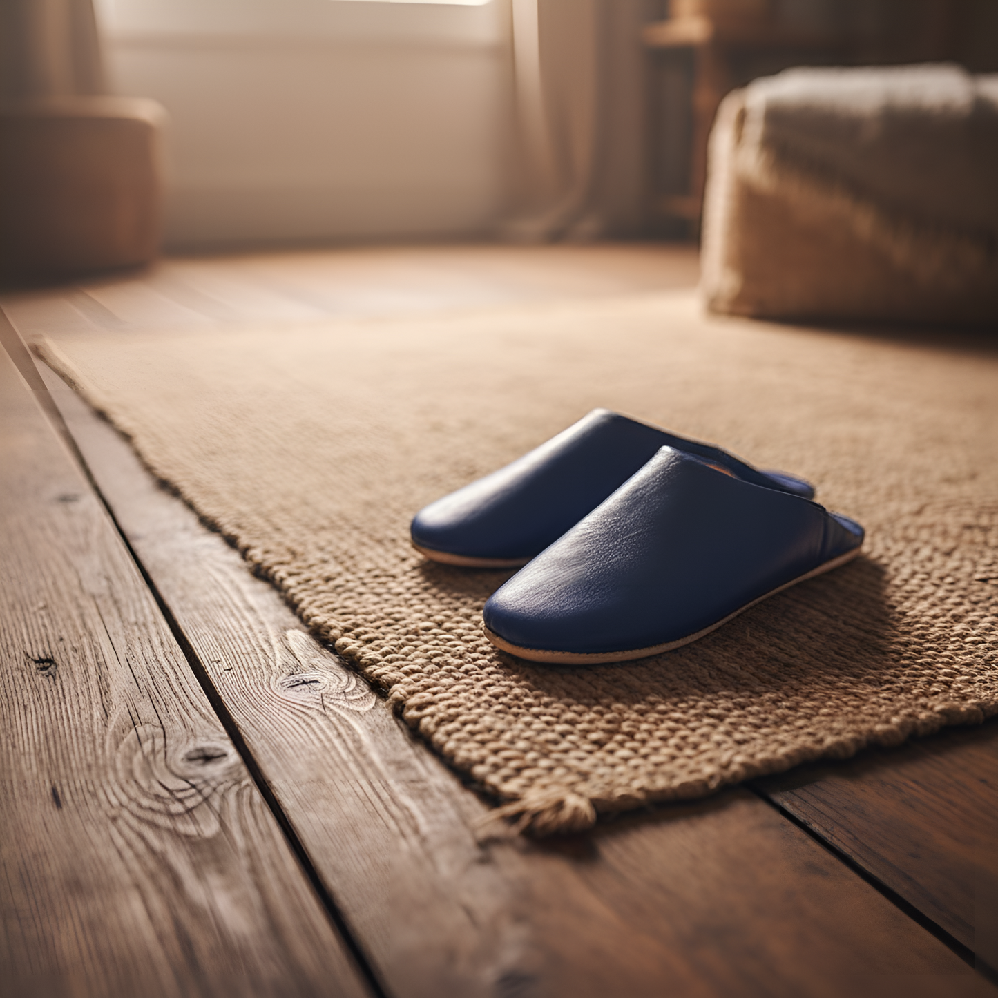 Babouche traditionnelle confortable en cuir souple pour homme – Coloris Bleu Nuit