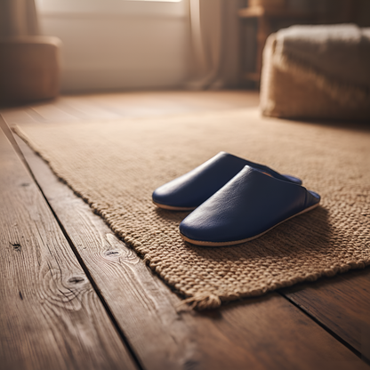 Babouche traditionnelle confortable en cuir souple pour homme – Coloris Bleu Nuit