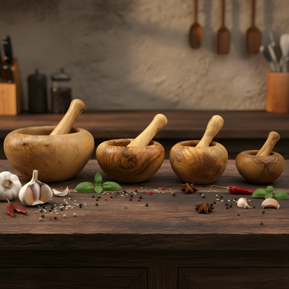 Mortiers et pilons en bois d'olivier - Fait à la main - 10 cm, 12 cm, 14 cm ou 16 cm