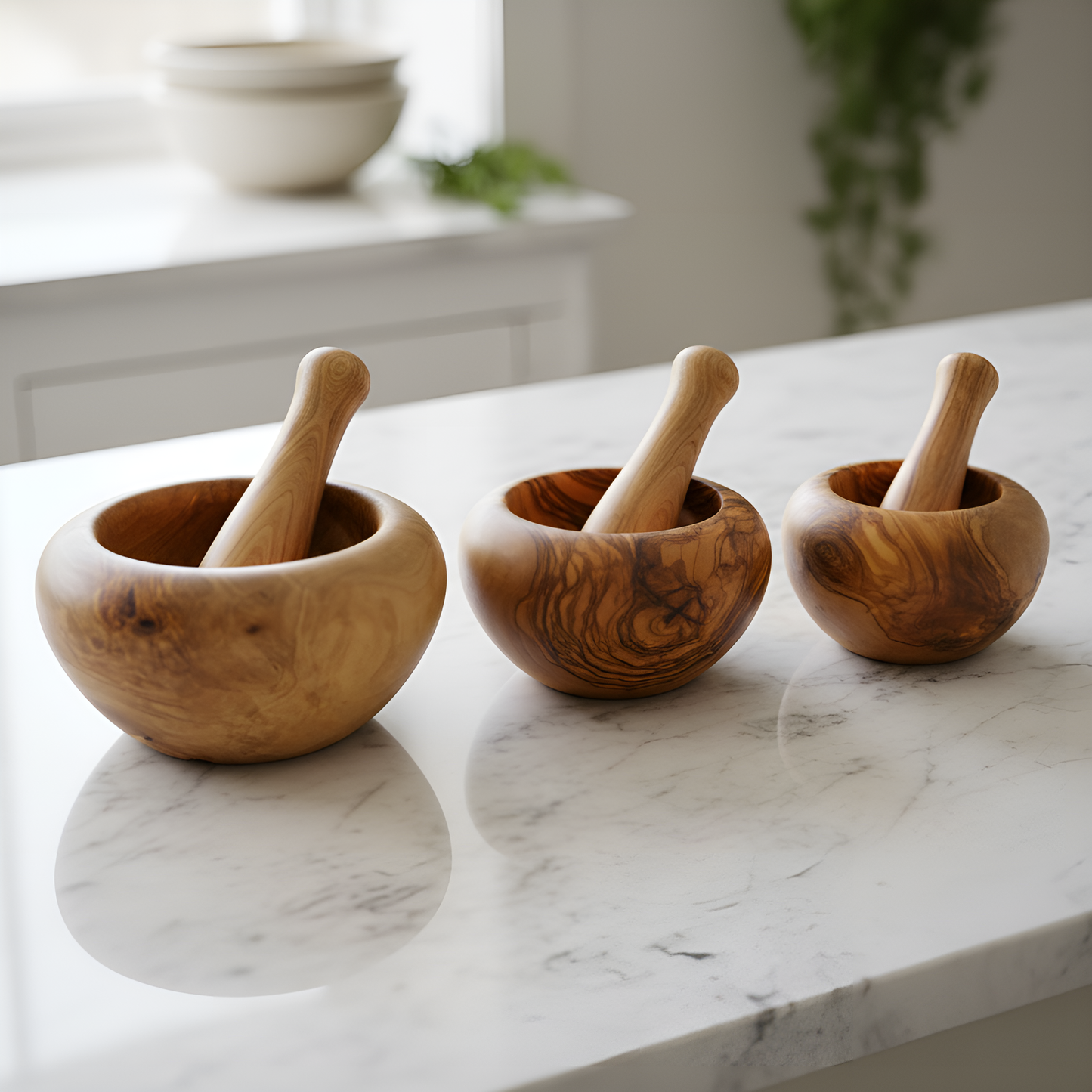 Mortiers et pilons en bois d'olivier - Fait à la main - 10 cm, 12 cm, 14 cm ou 16 cm