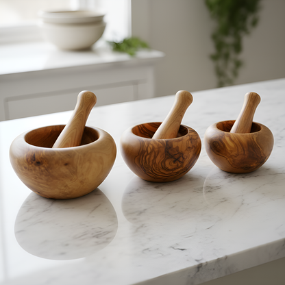 Mortiers et pilons en bois d'olivier - Fait à la main - 10 cm, 12 cm, 14 cm ou 16 cm