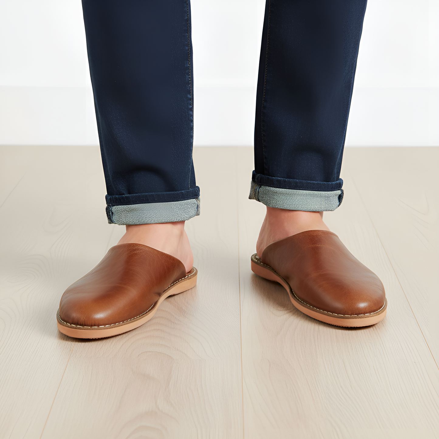 Traditional comfortable and resistant leather slippers for men - Color Light Brown