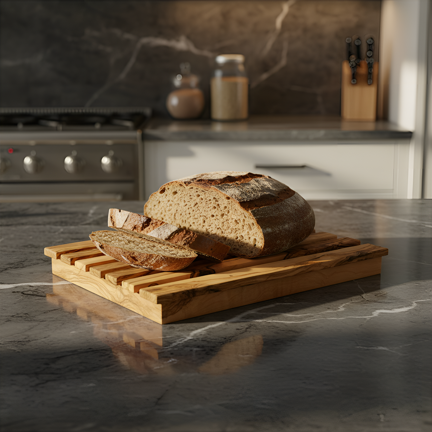 Planche à pain pour trancher du pain - Planche à découper avec ramasse-miettes en bois d'olivier, légère, facile à nettoyer, pratique - Grande planche à pain 32 x 20 x 4 cm