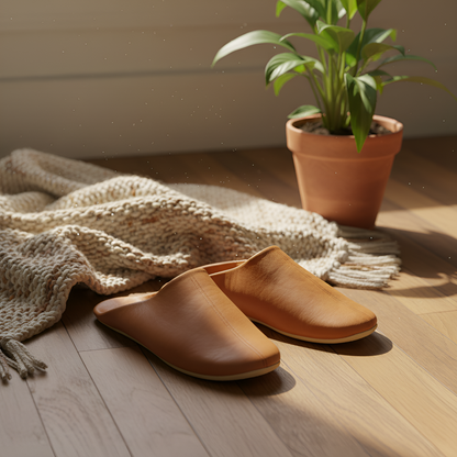Comfortable traditional slipper in soft leather for men - Color Light Brown