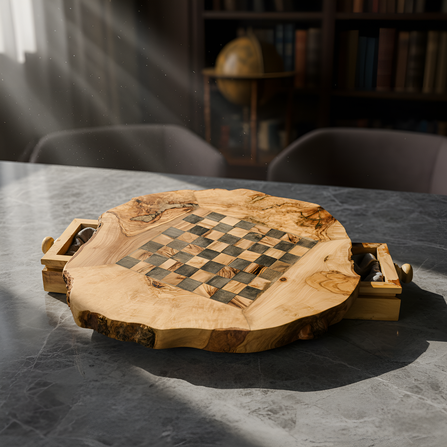 Échiquier en bois d'olivier avec pièces d'échecs - Différentes tailles disponibles