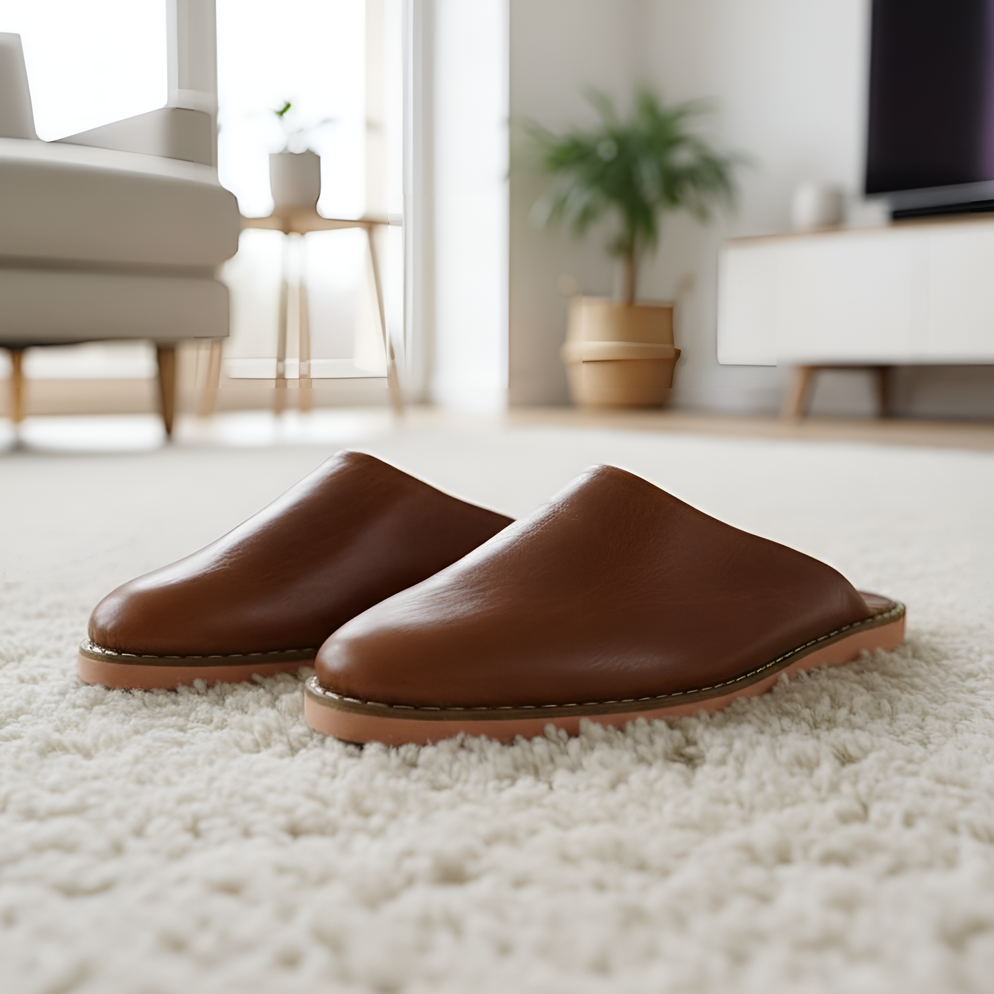 Traditional comfortable and resistant leather slippers for men - Color Light Brown