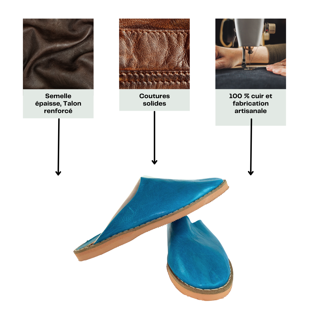 Babouche traditionnelle en cuir confortable et résistante pour femme – Coloris Bleu
