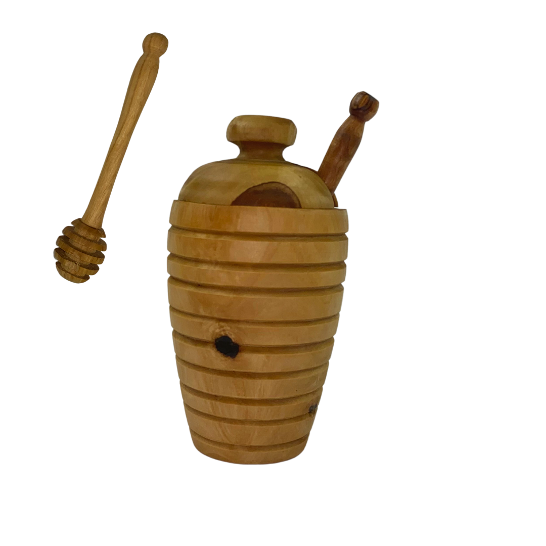Ensemble Pot à miel en bois d'olivier naturel avec sa cuillère et son couvercle - Cuillère à miel seul ou par deux - 14 x 8 cm
