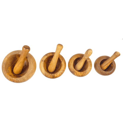 Mortiers et pilons en bois d'olivier - Fait à la main - 10 cm, 12 cm, 14 cm ou 16 cm