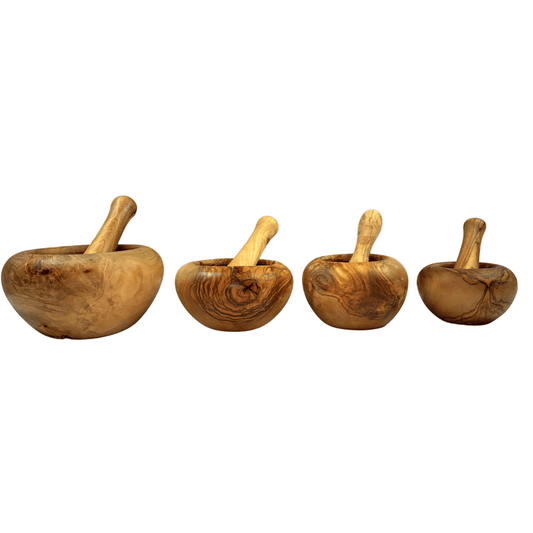 Mortiers et pilons en bois d'olivier - Fait à la main - 10 cm, 12 cm, 14 cm ou 16 cm