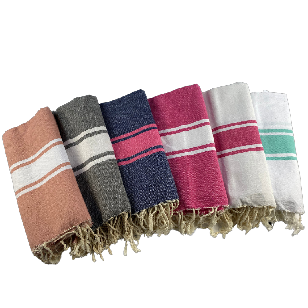 Fouta fait main - 200 x 100 cm - Coloris Rose saumon avec rayure blanche