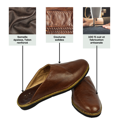 Traditional comfortable and resistant leather slipper for men - Dark brown color