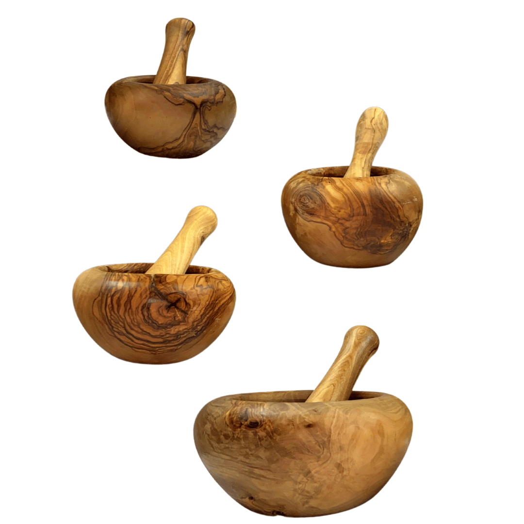 Olive Wood Mortars and Pestles - Handmade - 10cm, 12cm, 14cm or 16cm