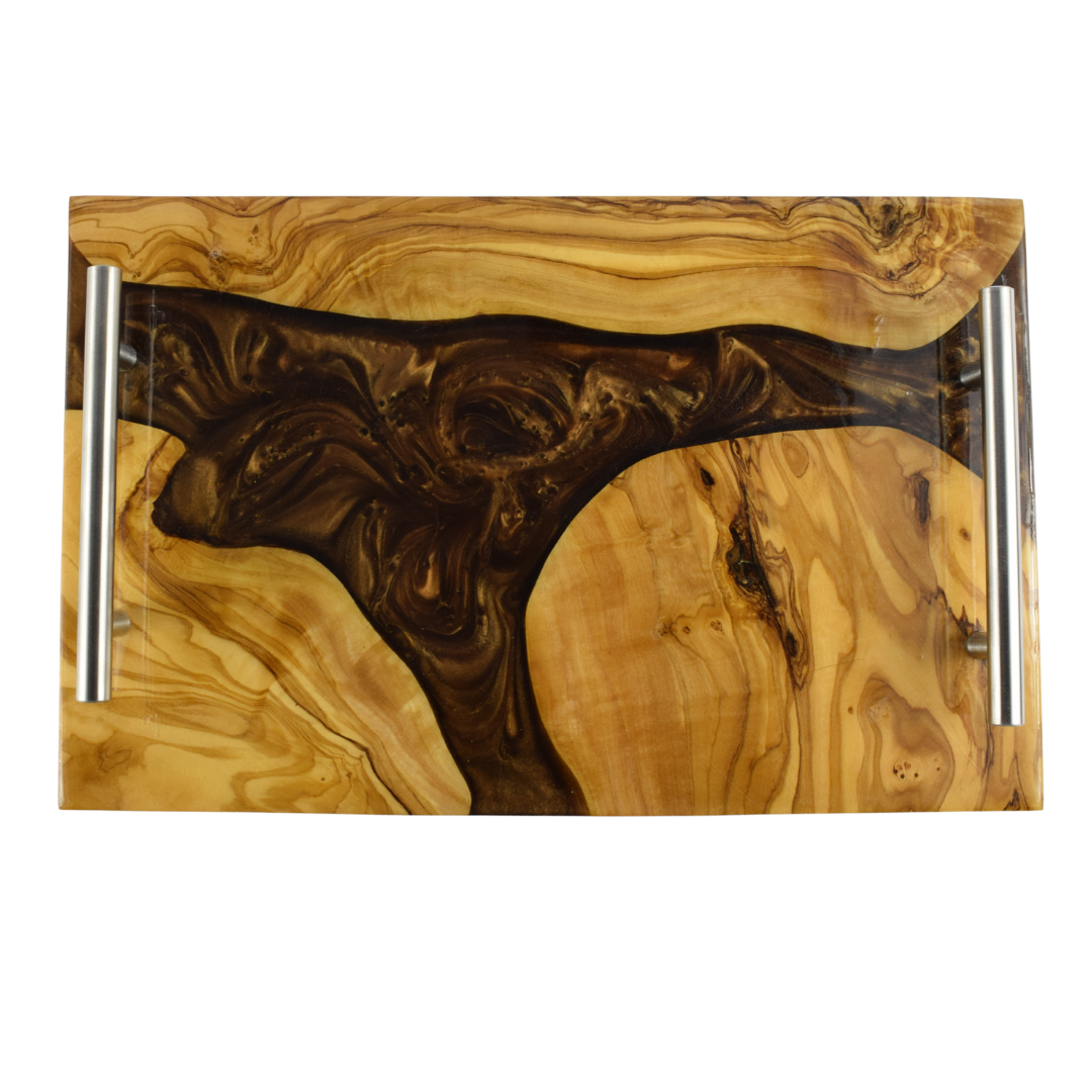 Olive wood and resin tray - Artistic and luxurious design - Dark Brown color