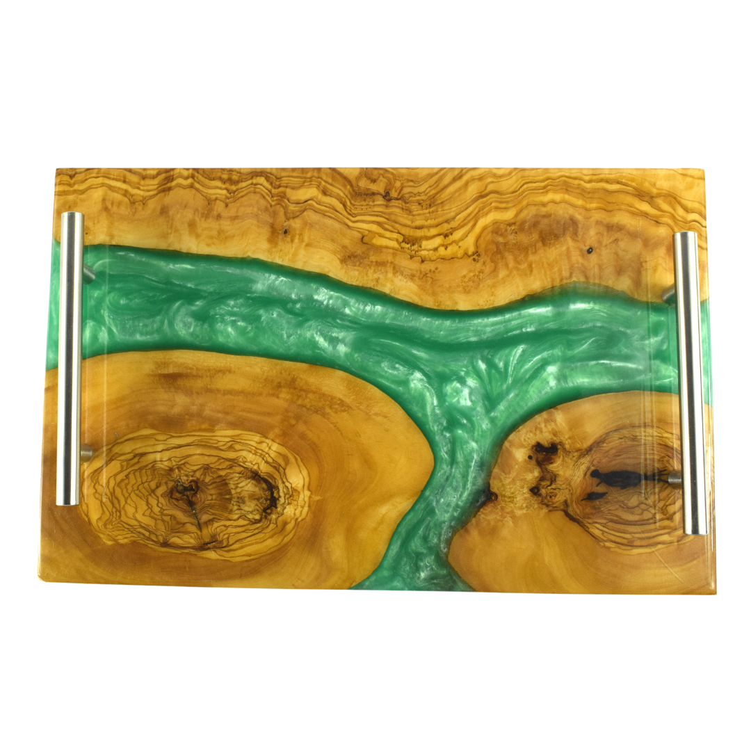 Olive wood and resin tray - Artistic and luxurious design - Green color
