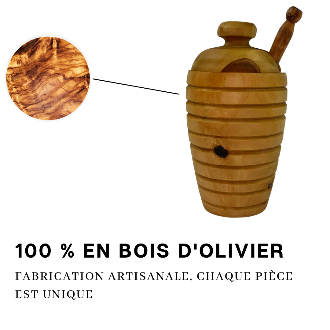 Pot de miel + cuillère à miel en bois d'olivier - français & artisanal