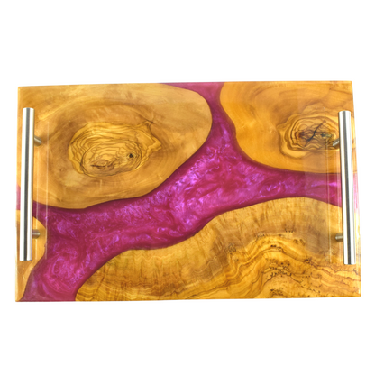 Olive wood and resin tray - Artistic and luxurious design - Fuchsia color