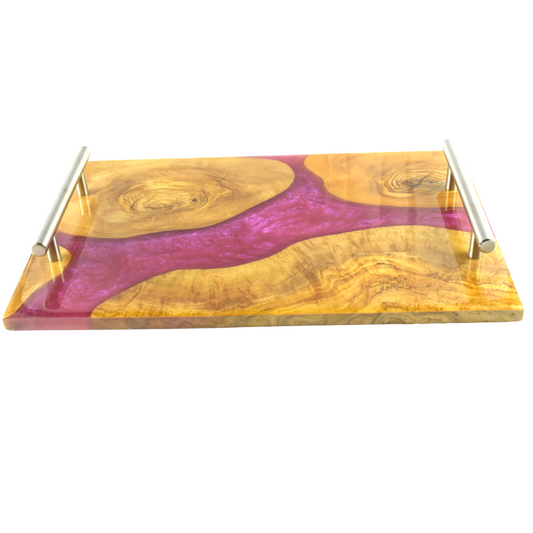 Olive wood and resin tray - Artistic and luxurious design - Fuchsia color