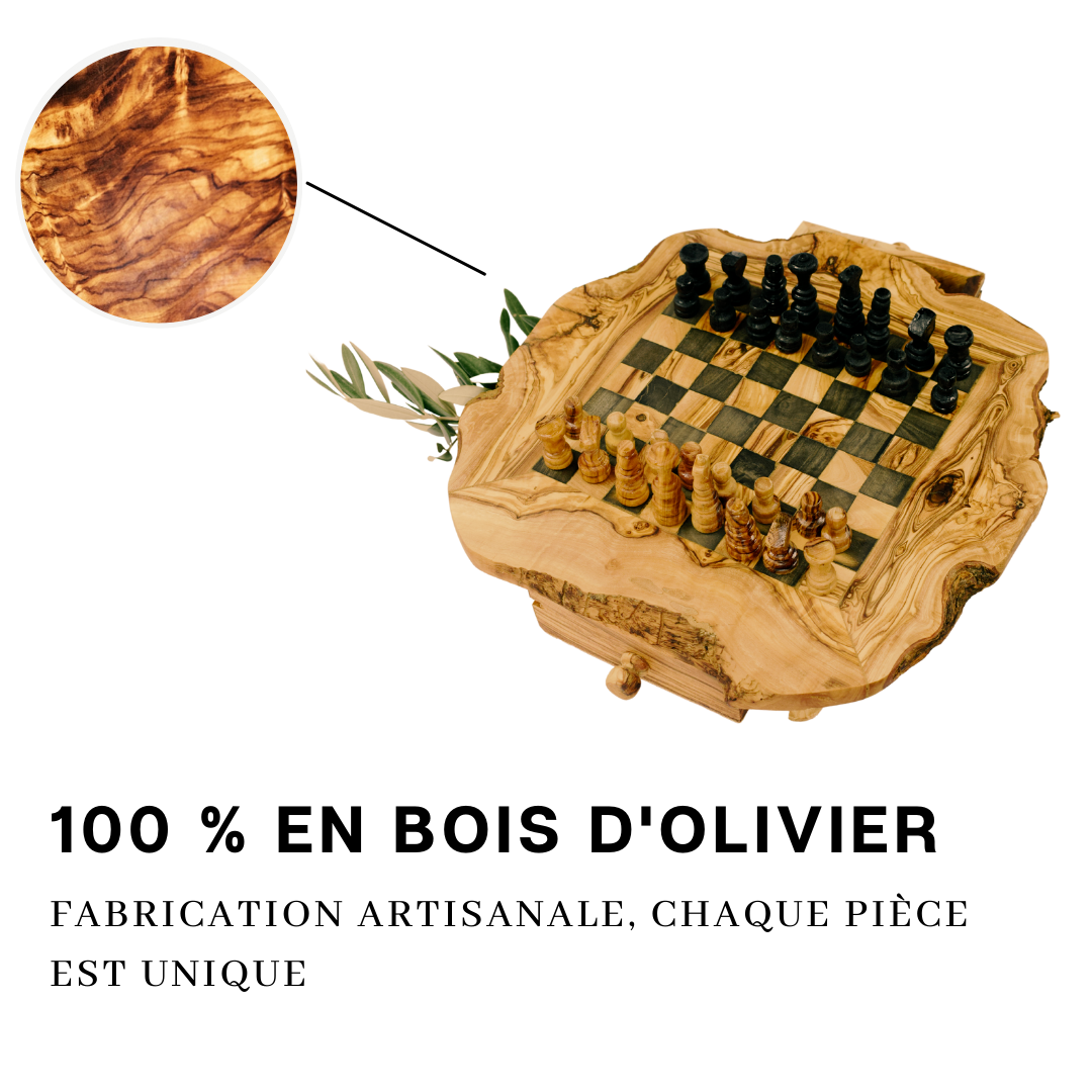 Échiquier en bois d'olivier avec pièces d'échecs - Différentes tailles disponibles