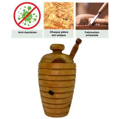 Ensemble Pot à miel en bois d'olivier naturel avec sa cuillère et son couvercle - Cuillère à miel seul ou par deux - 14 x 8 cm